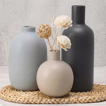 CUCUMI Ceramic Vase Set of 5, Home Decor Farmhouse Décor Handmade Pottery Vases for Pampas Grass, Dried Fresh Flowers, Table, Living Room, Kitchen, Shelf, Entryway Mantel Neutral Tones