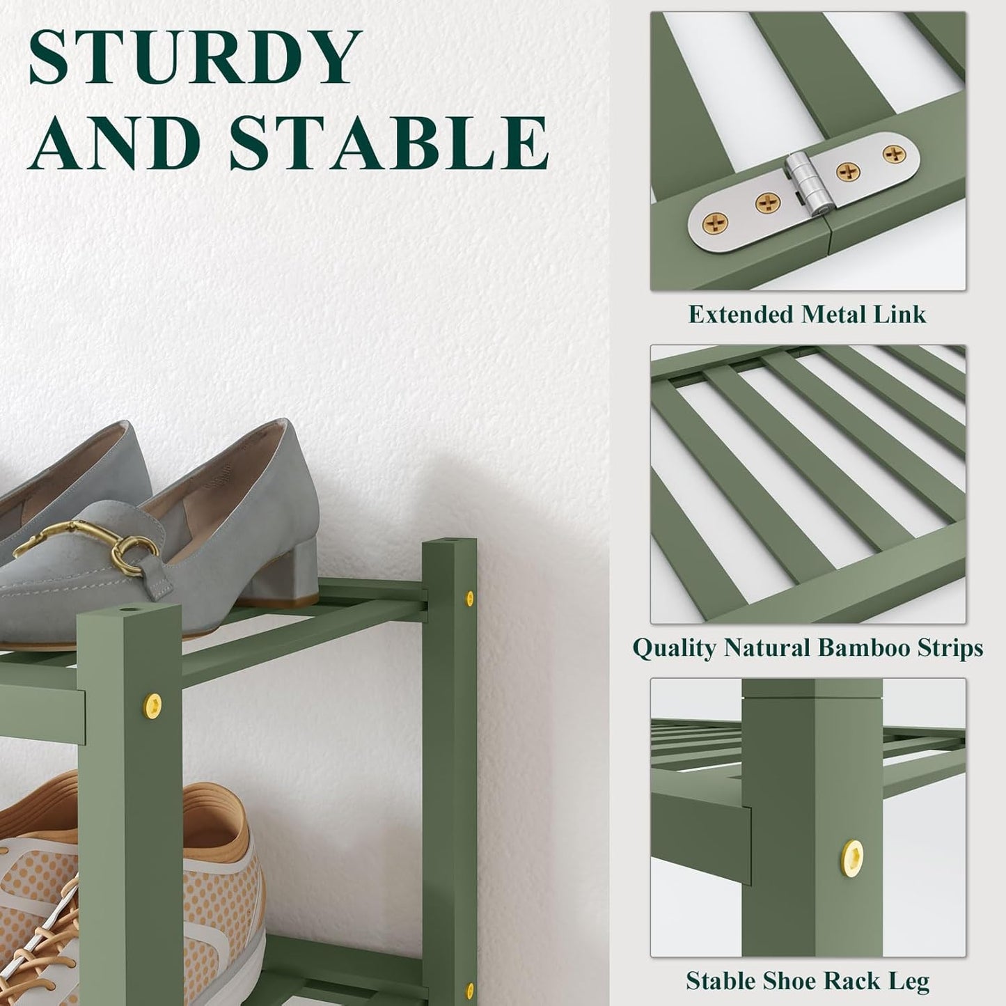 Smiry Bamboo Shoe Rack for Closet, 3 Tier Wooden Shoe Organizer, Stackable Wood Shoe Storage Shelf for Entryway, 14 Vertical Slats, One-piece Heavy-Duty Legs, 26.77"x11.02"x18.31", Natural