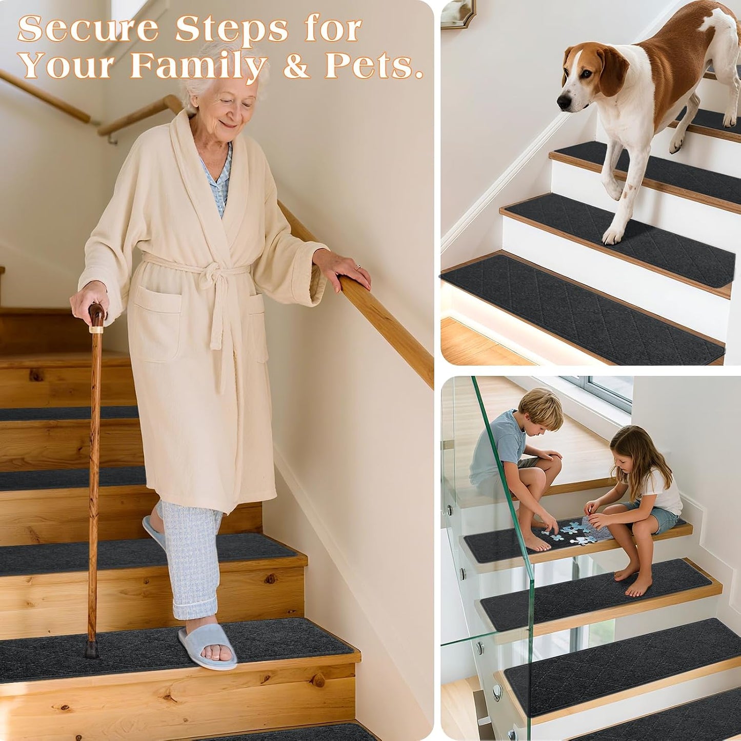 Stair Treads for Wooden Steps 15 PCS - 8’’ x 30’’, Non Slip Stair Runner, Machine Washable Stair Rugs Strips for Kids Pets and Elderly, Indoor Carpet for Stairs (Grey)