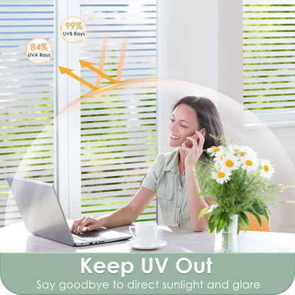 rabbitgoo Window Privacy Film, Frosted Glass Privacy Film, Window Frosting Cling for Glass, Non Adhesive Static Cling Front Door Covring, Anti-UV Reeded Blinds Sticker, Striped Pattern, 17.5" x 78.7"