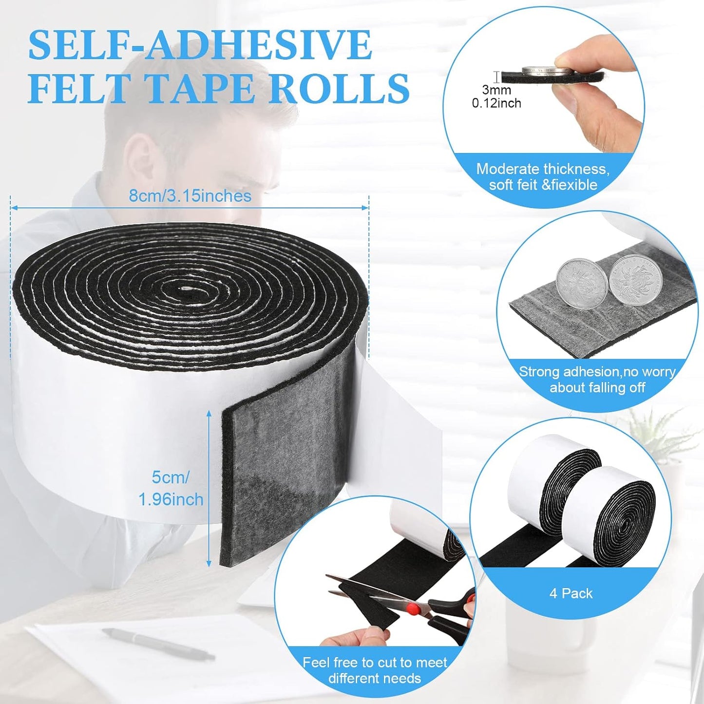 Zonon 4 Rolls 120 Inch Felt Strip with Adhesive Backing Felt Tapes Furniture Strip Rolls Self Stick Heavy Duty Polyester for Protecting Furniture and DIY Adhesive(Black,0.5 Inch)
