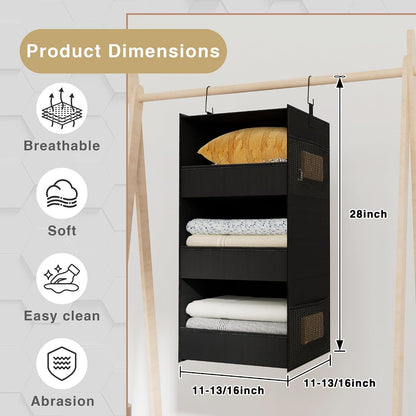 3-Shelf Hanging Closet Organizer, Washable Foldable Storage, Dark Gray | Front lip keeps items secure; side pockets add room; Oxford fabric handles towels, shirts, baby items, dorms, RVs or travel.