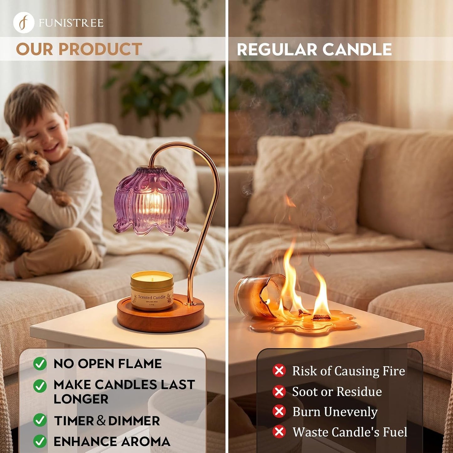 Funistree Flower Candle Warmer Lamp with Timer & Dimmer, Adjustable Height Candle Warmer, Christmas Birthday Gifts for Women Mom, House Warming New Home Decor, Wax Warmer with 2 Bulbs for Jar Candles