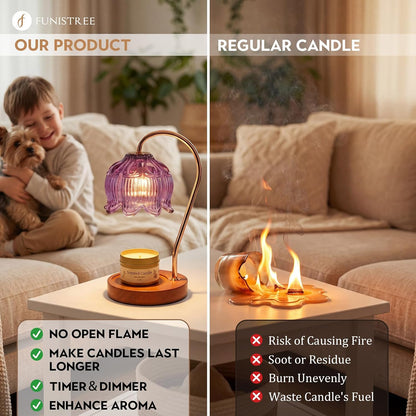 Funistree Flower Candle Warmer Lamp with Timer & Dimmer, Adjustable Height Candle Warmer, Christmas Birthday Gifts for Women Mom, House Warming New Home Decor, Wax Warmer with 2 Bulbs for Jar Candles