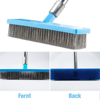 60'' Stainless Steel Deck Scrub Brush with Long Handle - Heavy Duty Floor Scrubber for Concrete, Grout, Garage, Patio, Boat & Garden - Stiff Bristle Broom for Moss, Tough Stains & Dirt Removal