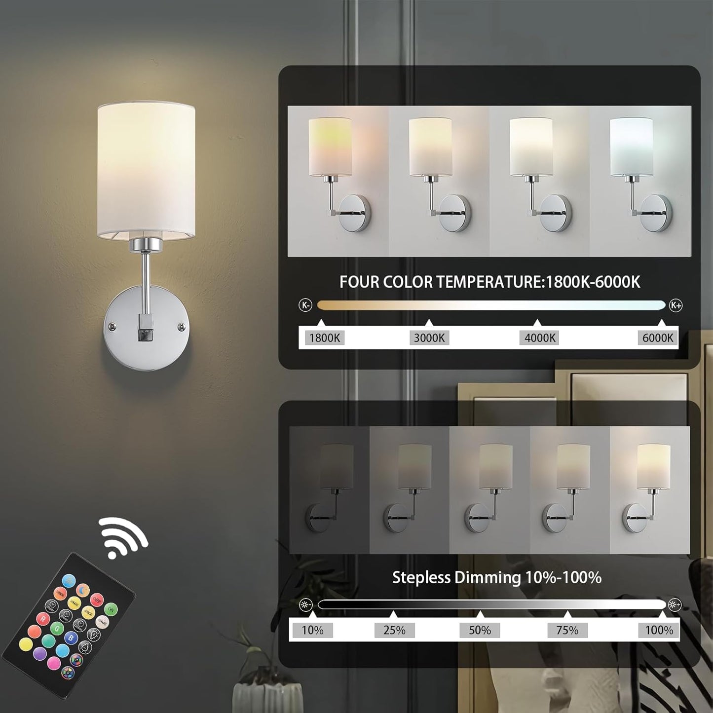 Battery Operated Wall Sconces Set of Two,Wireless Rechargeable Wall Light With Remote Control, Dimmable, Amber Light/Warm White/Natural White/Daylight/RGB, Timer,for Living Room,Bedroom,Entryway,Gold