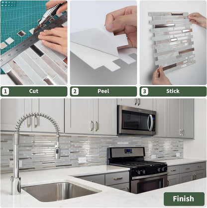 LONGKING 10-Sheet Extra Thick Peel and Stick Backsplash Tiles, Waterproof Kitchen Backsplash Peel and Stick Tile, Self-Adhesive Backsplash for Kitchen, Beige & White