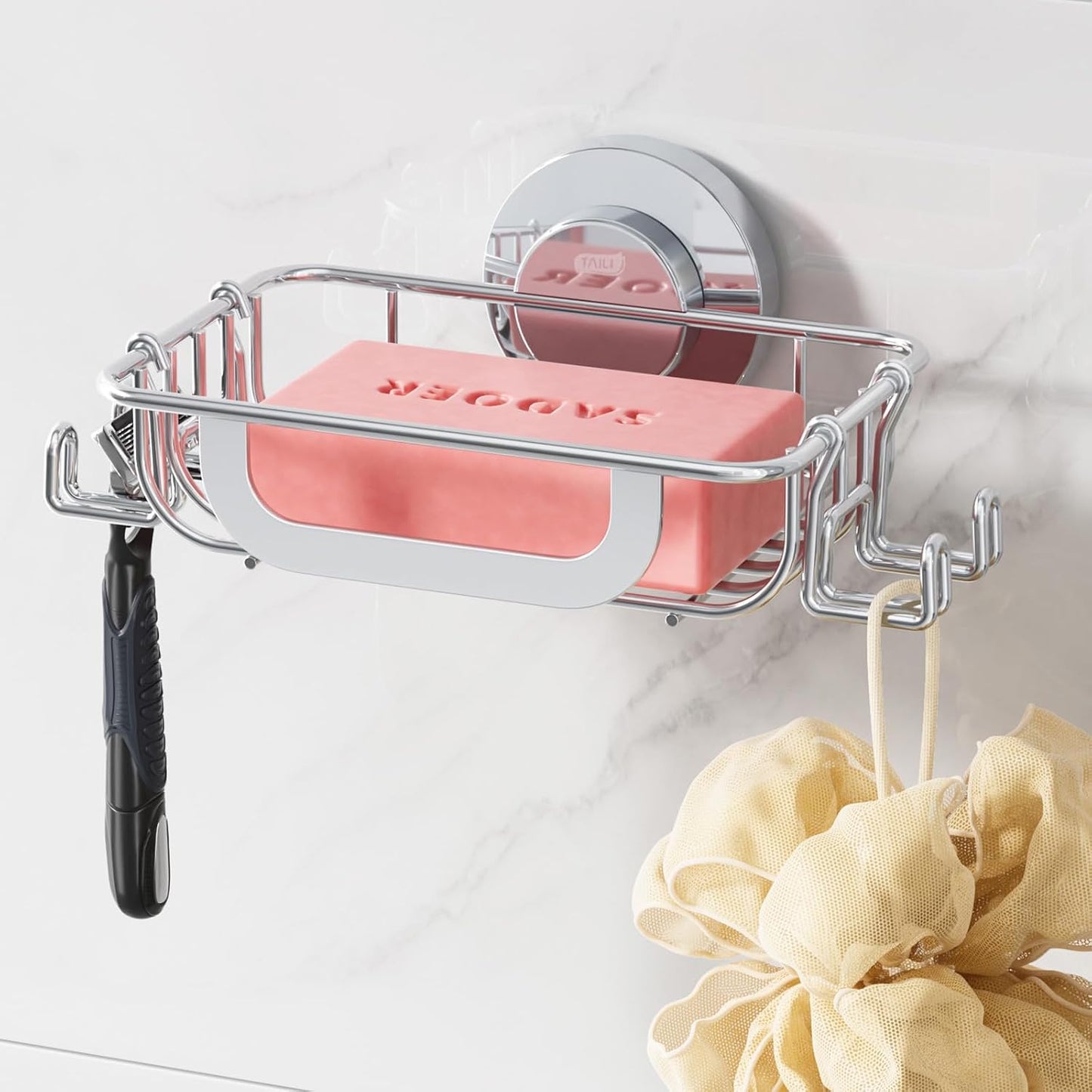 TAILI Soap Holder for Shower – Suction Cup Bar Soap Dish with Hooks, Rustproof Stainless Steel, Self-Draining Sponge Holder with Razor Holder for Bathroom & Kitchen, Black