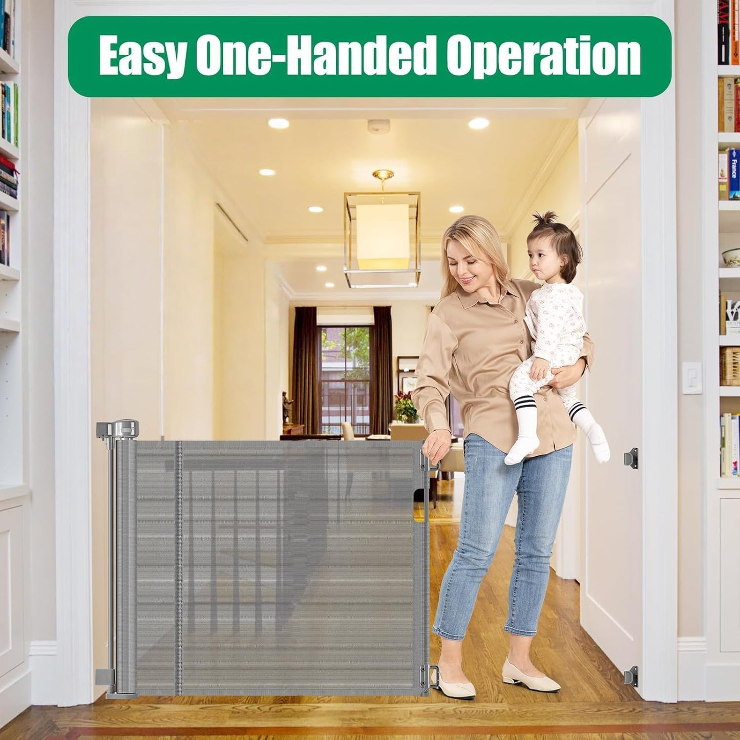 Reinforced 50" Wide Retractable Baby Gates for Doorways, Retractable Dog Gate for Stairs with Support Rods – Prevent Crawling Under, Outdoor Indoor Mesh Baby Gate Retractable Gates for Dogs, White