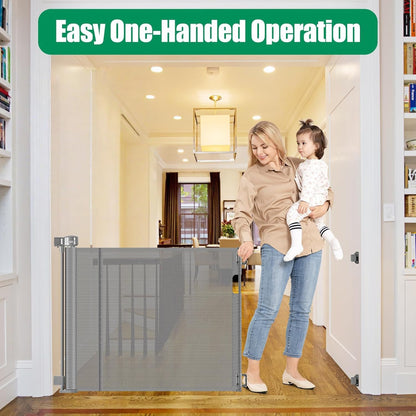 Reinforced 50" Wide Retractable Baby Gates for Doorways, Retractable Dog Gate for Stairs with Support Rods – Prevent Crawling Under, Outdoor Indoor Mesh Baby Gate Retractable Gates for Dogs, White