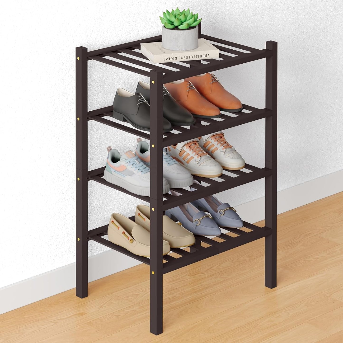 Smiry Bamboo Shoe Rack for Closet, 3 Tier Wooden Shoe Organizer, Stackable Wood Shoe Storage Shelf for Entryway, 14 Vertical Slats, One-piece Heavy-Duty Legs, 26.77"x11.02"x18.31", Natural