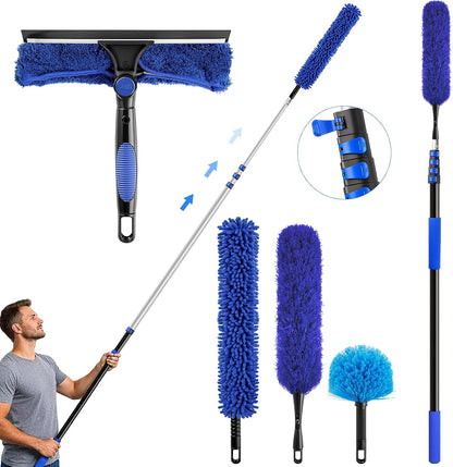 wlich 26ft High Reach Duster Kit, Aluminum 5-20ft Fan & Window Cleaner Set, Versatile Dusting Set with 5 Replaceable Heads for Cleaning Fans, Windows, and Hard-to-Reach Areas Outdoors Without Ladder