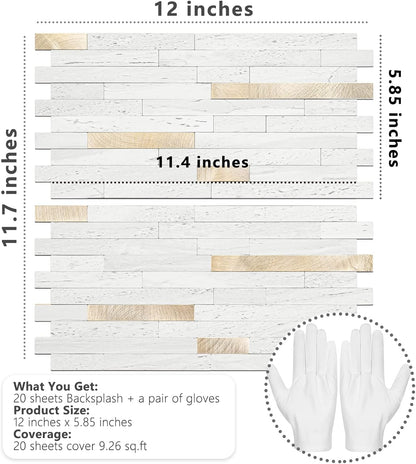 STICKGOO 20 Sheets Peel and Stick Backsplash Tile, Stick on Backsplash for Kitchen and Bathroom, White Sandstone Look PVC Mixed Metal Gold Self Adhesive Wall Tiles