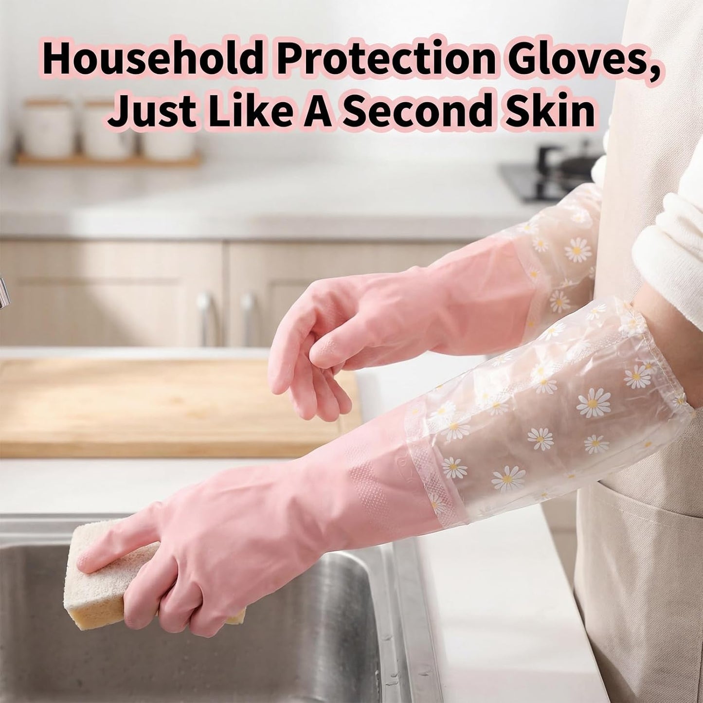 Reusable Pink Rubber Gloves, Pink Dishwashing Cleaning Gloves, Non-Slip Laundry Kitchen Gardening Household Gloves with Long Elastic Cuffs