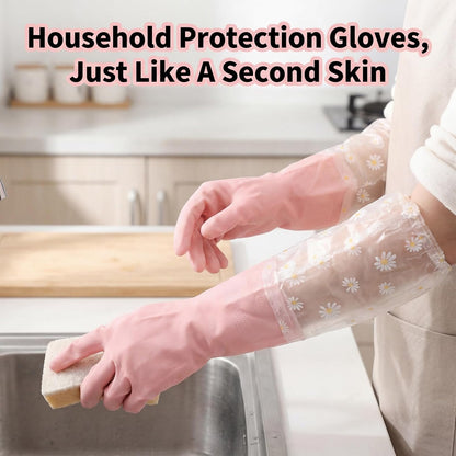 Reusable Pink Rubber Gloves, Pink Dishwashing Cleaning Gloves, Non-Slip Laundry Kitchen Gardening Household Gloves with Long Elastic Cuffs