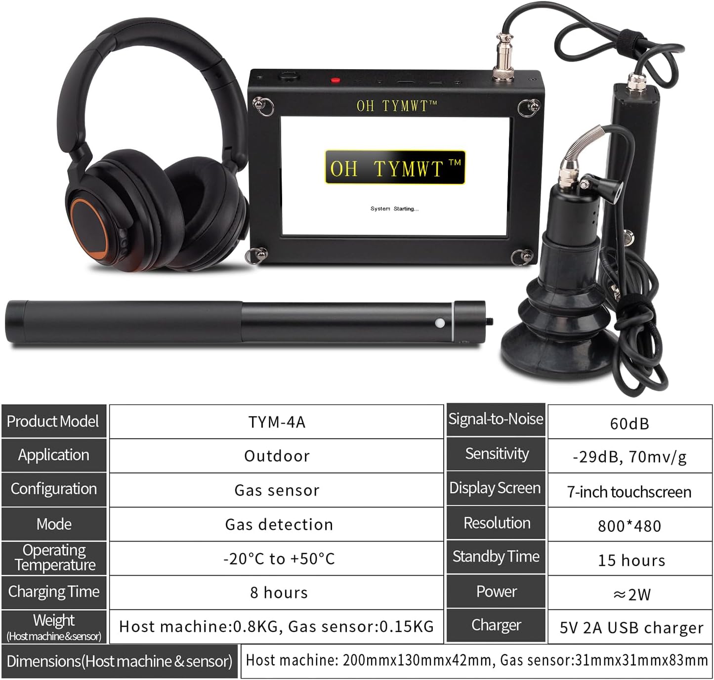 Al Water Leak Detector, Indoor Wall/Ground Under Slab Pipe Leak - TYM-3A | 2 Sensors, 0.5m/1.64ft, 100Hz-8000Hz, 15 Hours