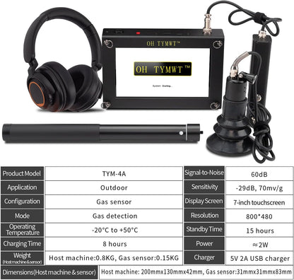 Al Water Leak Detector, Indoor Wall/Ground Under Slab Pipe Leak - TYM-3A | 2 Sensors, 0.5m/1.64ft, 100Hz-8000Hz, 15 Hours