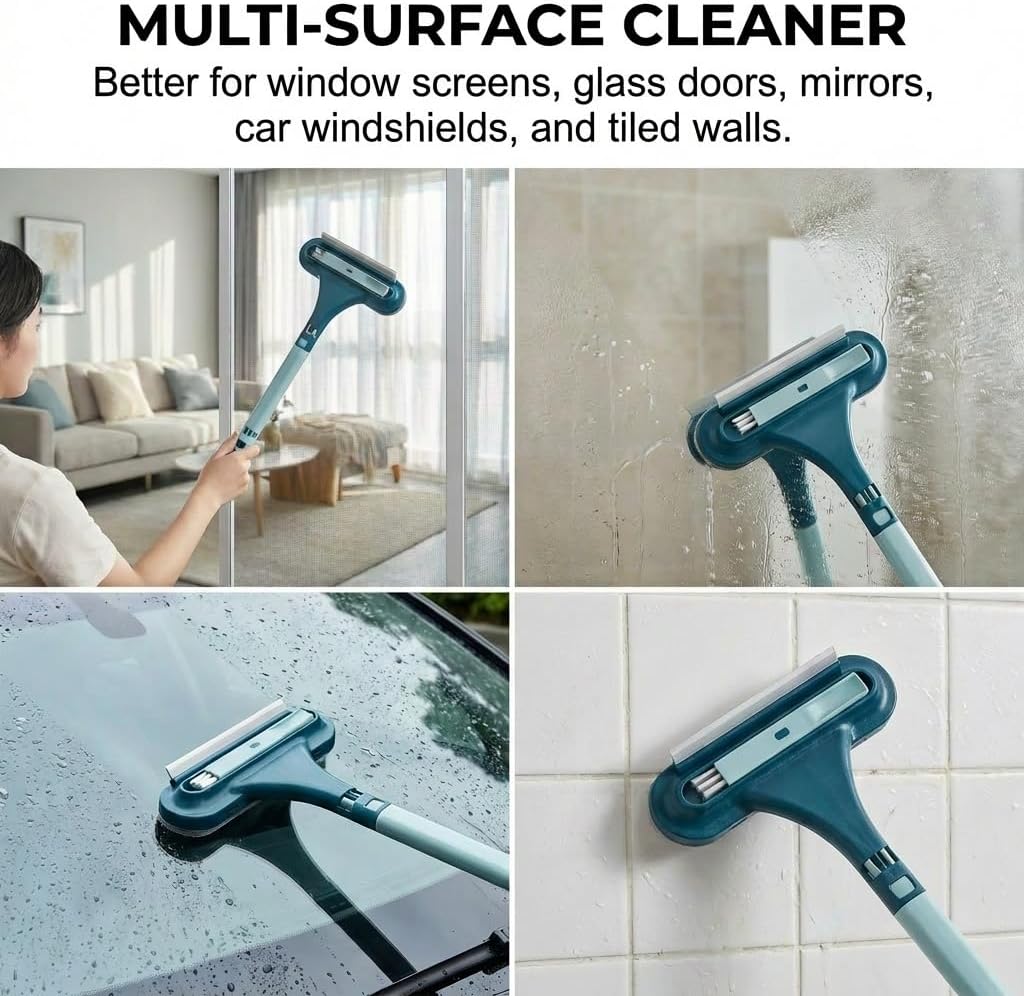 Window Screen Cleaning Brush, 2 in 1 Detachable Multi-Purpose Window Screen Cleaner Tool with Squeegee, Mesh Screen Cleaner Brush with Wet and Dry Dual-Use for Patio Door Porch Screens (Blue, 1PC)