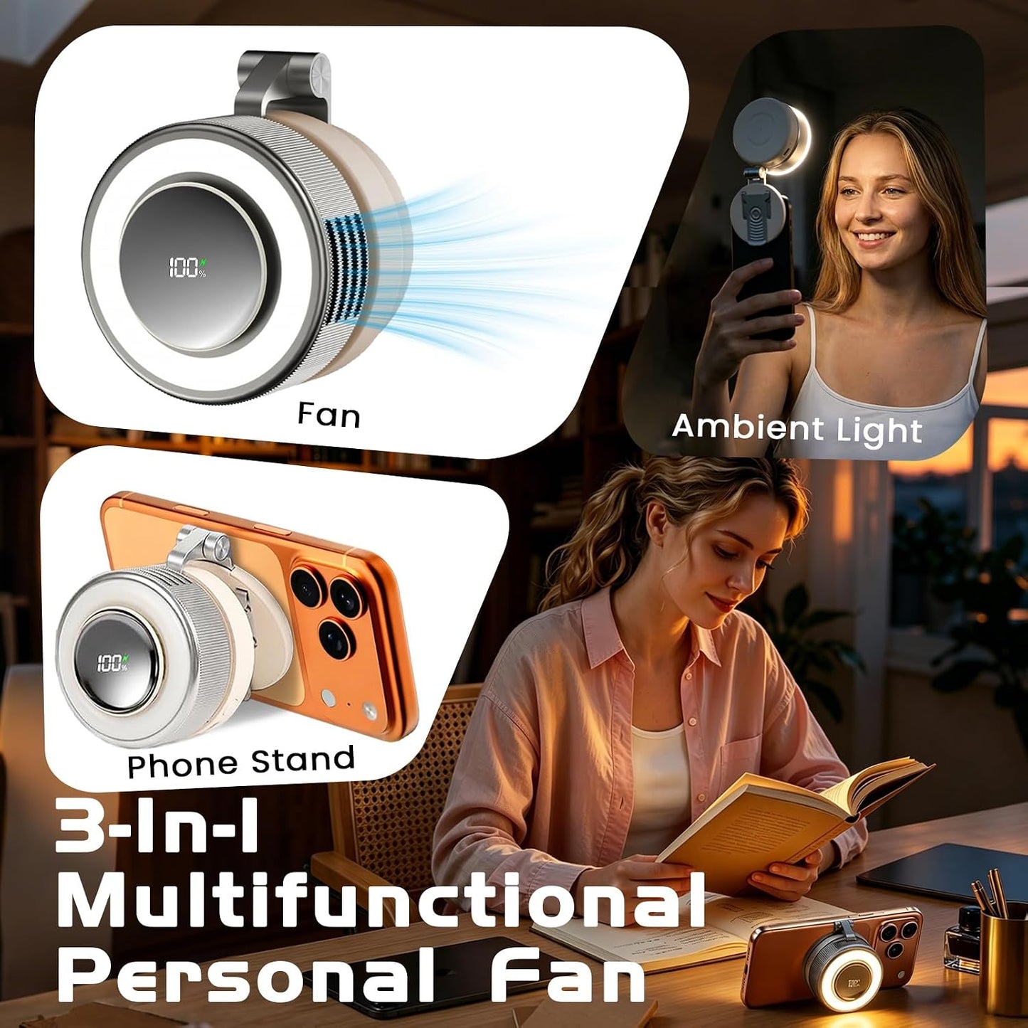 Portable Clip-On Fan, Mini USB Rechargeable 360° Rotatable Fan, Personal Fan 3-Speed Silent Mini Bladeless Fans