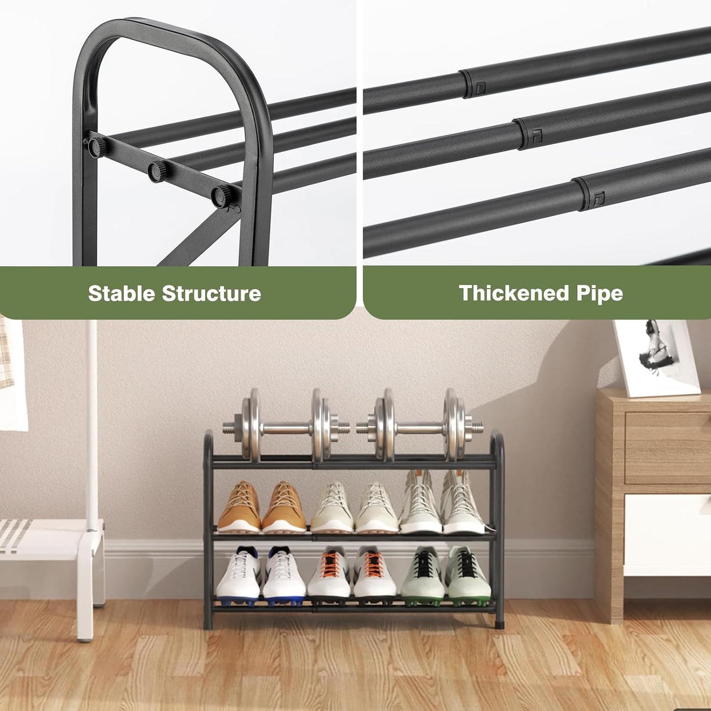 4-Tier Expandable Shoe Rack, Stackable and Adjustable Shoes Organizer Storage Shelf, Sturdy and Durable Metal Structure Free Standing Shoe Rack for Closet Entryway Doorway