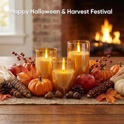 5plots Glass Battery Operated White Flameless Candles with Remote Timer, 3D Wick Real Wax Pillar Led Candles Warm Flickering Light for Indoor Home, Halloween, Christmas Decor, Set of 3, D3 x H4 5" 6"