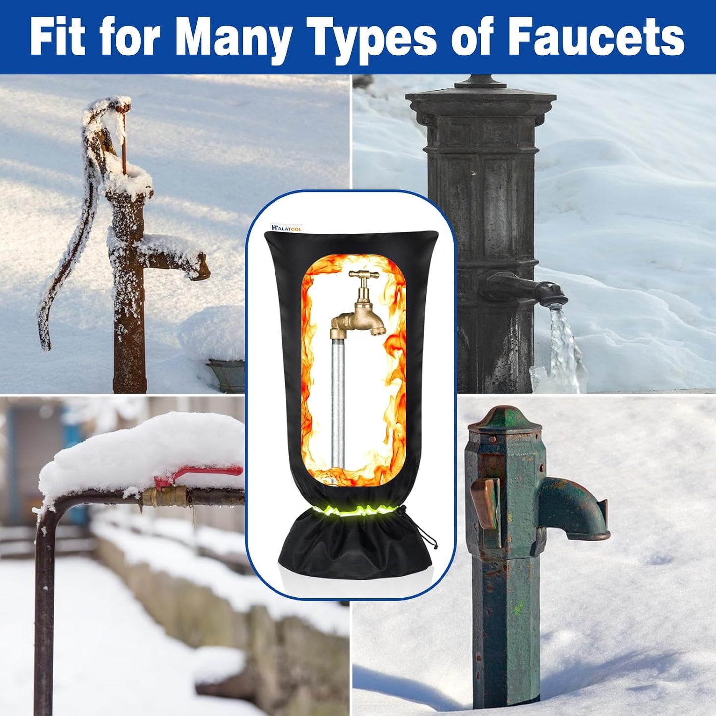 Halatool Thicken Outdoor Faucet Covers for Winter Freeze Protection, 6.7"x8.3" Insulated Spigot Cover with Reflective Strips Freeze Proof Hose Bib Cover Waterproof Fits All Taps, 2 Pack