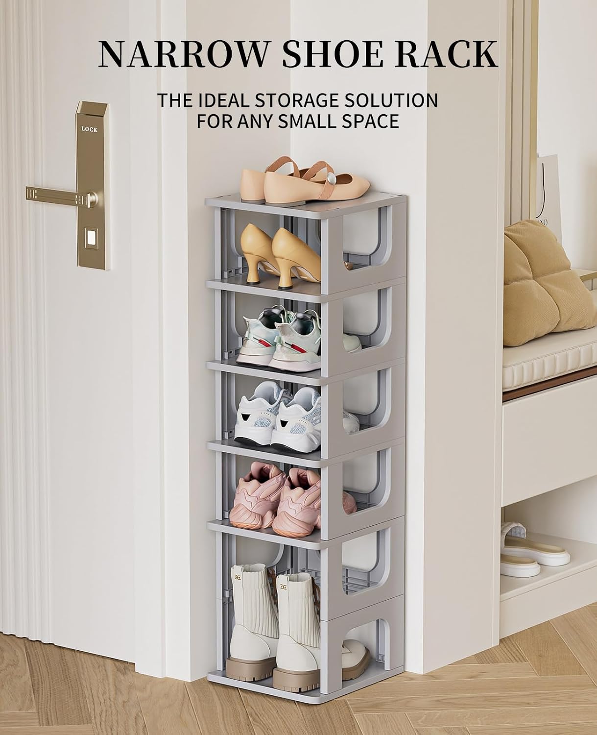 HAIXIN Shoe Organizer Rack for Small Spaces 5 Tier Plastic Vertical Narrow Shelves for Closet Black Shoe Holder, Stand for Entryway Storage Boots Organizer Stackable Cabinet