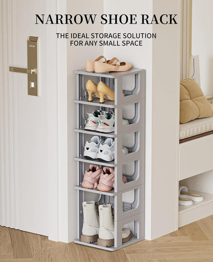 HAIXIN Shoe Organizer Rack for Small Spaces 5 Tier Plastic Vertical Narrow Shelves for Closet Black Shoe Holder, Stand for Entryway Storage Boots Organizer Stackable Cabinet
