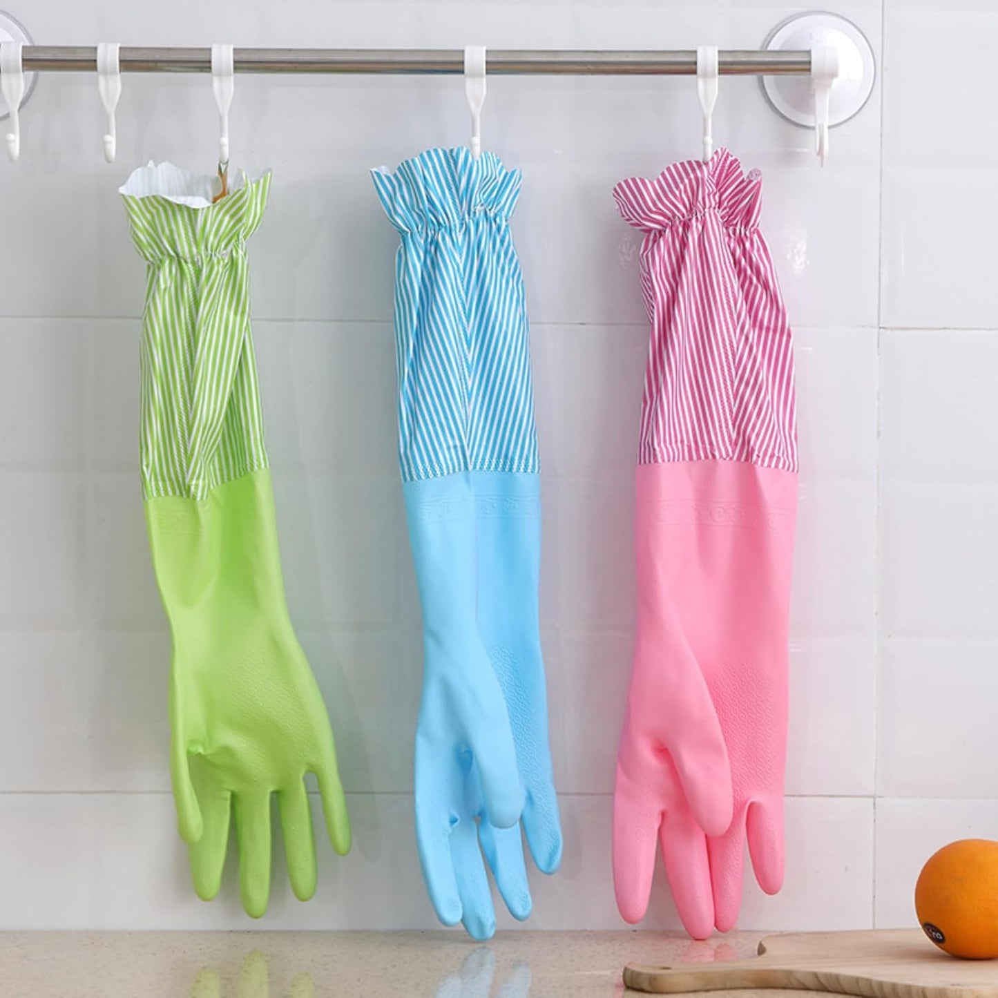 RARITYUS Household Kitchen Cleaning Gloves Waterproof Cotton Lined Dishwashing Non-Slip Long Cuff Gloves
