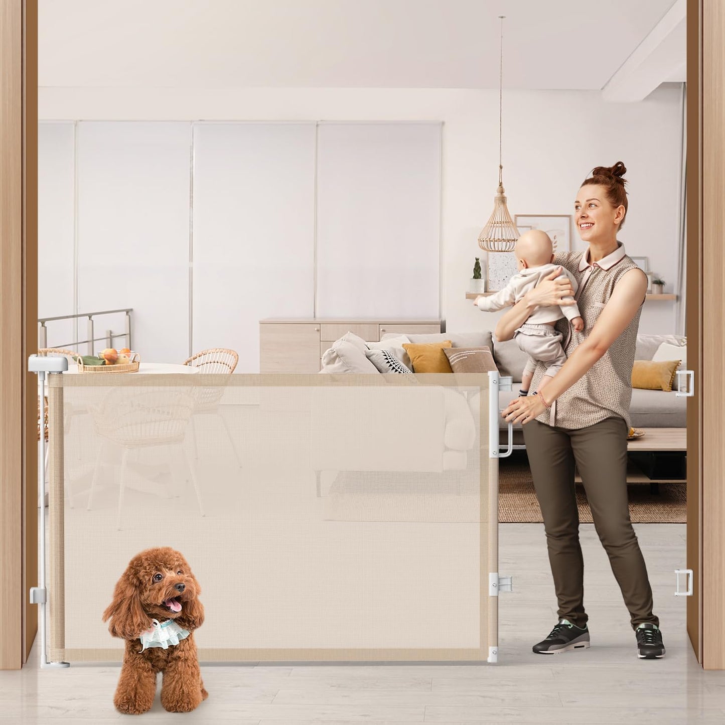 Retractable Baby Gate for Stairs & Doorways, Mesh Dog Gate Indoor Outdoor, Extends to 55" Wide 34" Tall Child Gate for Hallways, Deck, Porch, Pet Toddler Safety Essentials, Easy Install, Grey