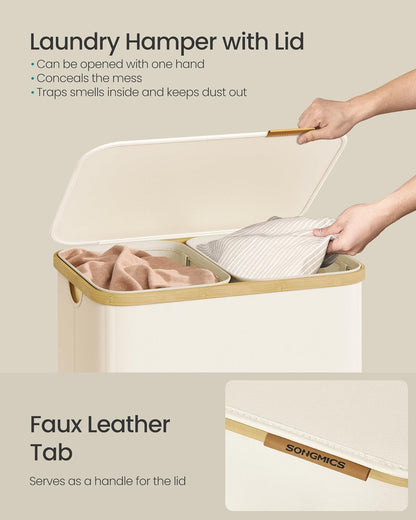 SONGMICS Laundry Hamper, Laundry Sorter with Lid, Storage Basket Bin, Removable Liners, Bamboo Frame, for Bedroom, 3 Sections, 44.9 Gal. (170 L), Ink Black ULCB533BH01