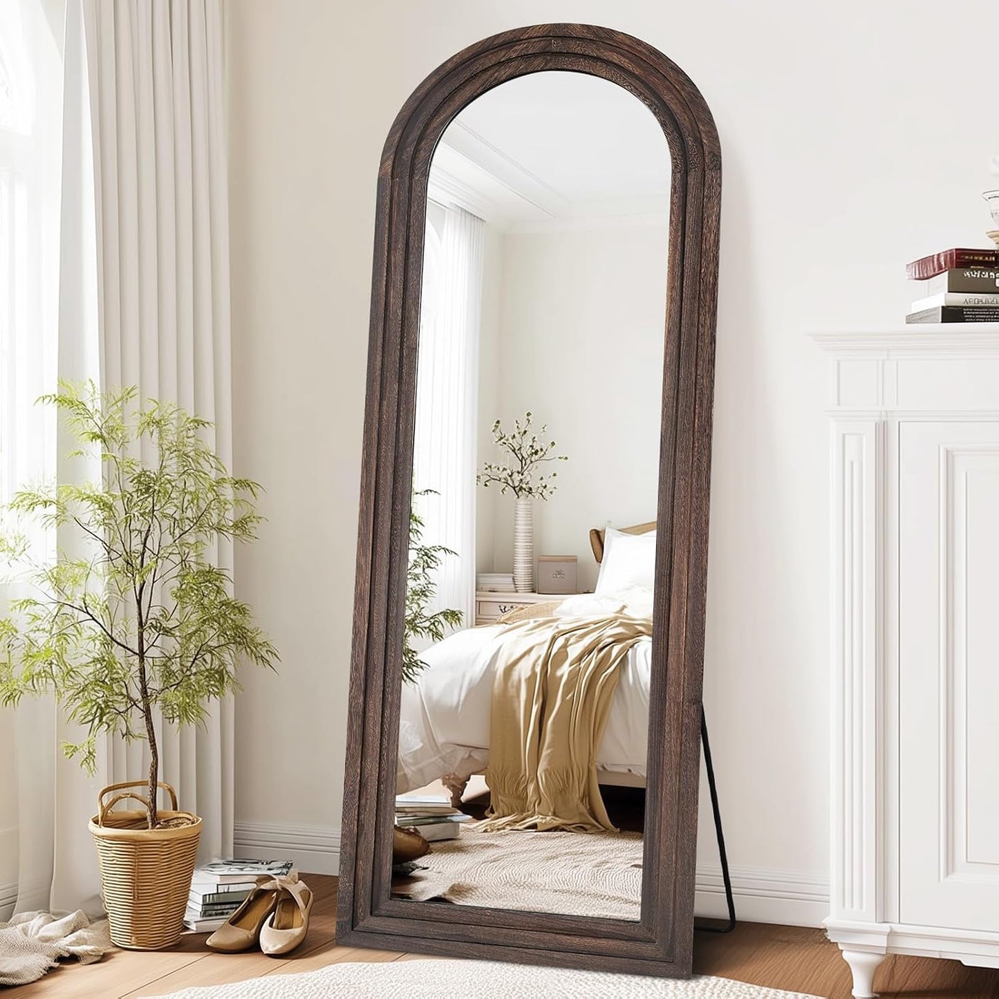 Solid Wood Full Length Mirror - 65"x22" Arched Floor Mirror, Free Standing & Wall Mounted - Elegant Design for Bedroom, Dressing Room, Hallway, Brown