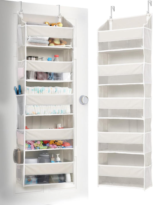 ULG Over the Door Organizer, 5-Tier Extra Large Hanging Storage with 10 Mesh Pockets, 100 lbs Capacity, Heavy Duty Door Organizer for Closet, Bedroom, Nursery Storage, Beige