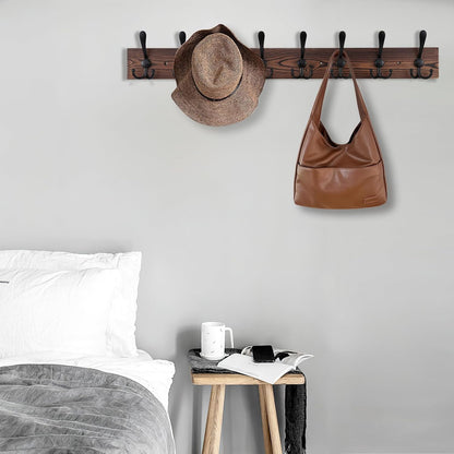 Kuhome 2pcs Coat Rack Wall Mount Wooden Hat Rack for Wall Hooks Pine Real Wood Plank 16.9" Brown Coat Hanger with 5 Triple Hooks for Hanging Coat Hat Jacket
