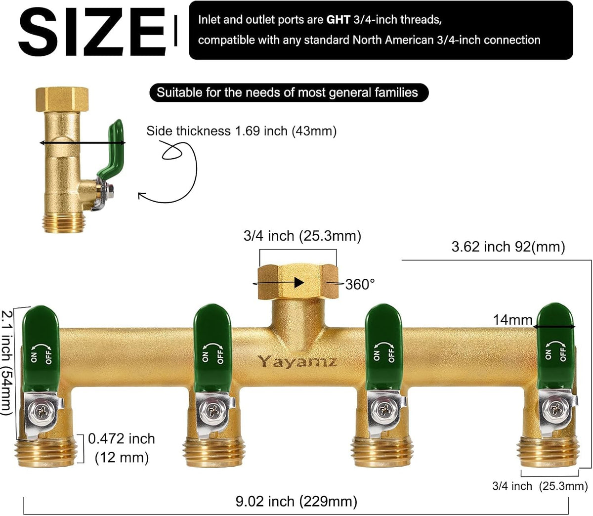Garden Hose Splitter, 3/4” Rust and Freeze Resistant Outdoor Hose Manifold with 2 Green Extra Long Handles Faucet Adapter-Heavy Duty Brass 2-Way Valve