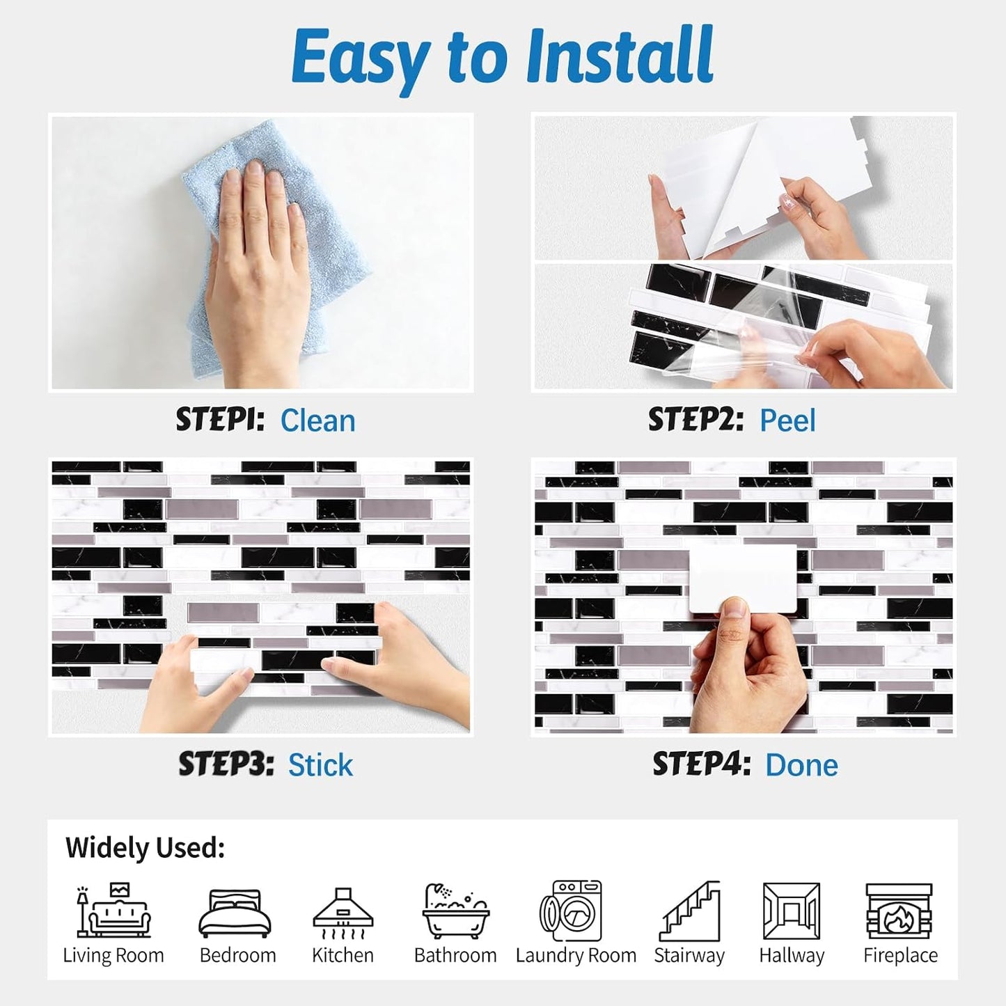 24 Sheet Peel and Stick Tile Backsplash Sticks for Kitchen 10"x 5" Back Splashes Self Adhesive Waterproof Tile Wall Paper for Bathroom Kitchen Backsplash, RV, Fireplace, Black/White Marble Look