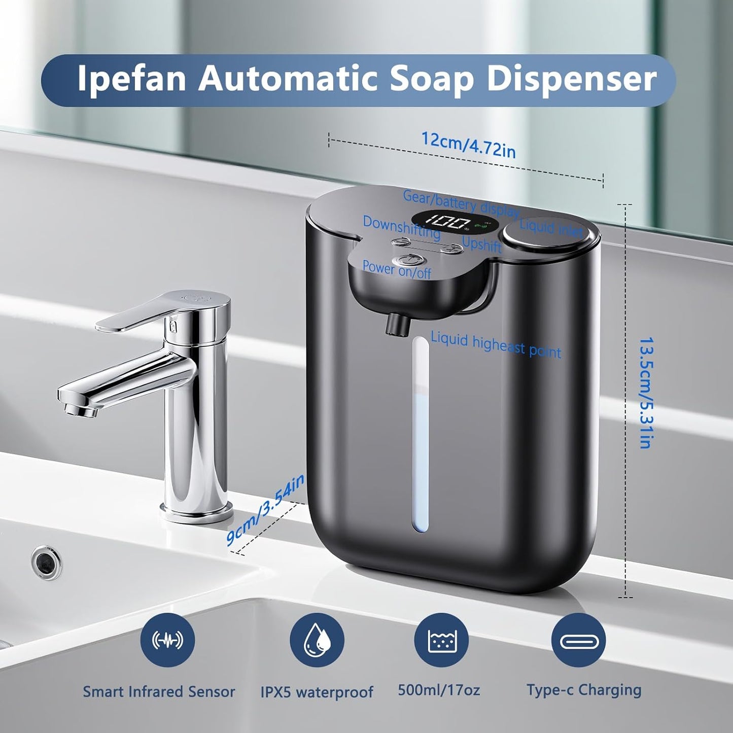 Automatic Soap Dispenser,9 Levels Liquid Soap Dispenser for Kitchen, RechargeableTouchless Liquid Hand Soap Dispenser for Bathroom,16.9oz/500ml,1200mah Rechargeable,Wall Mount & Countertop