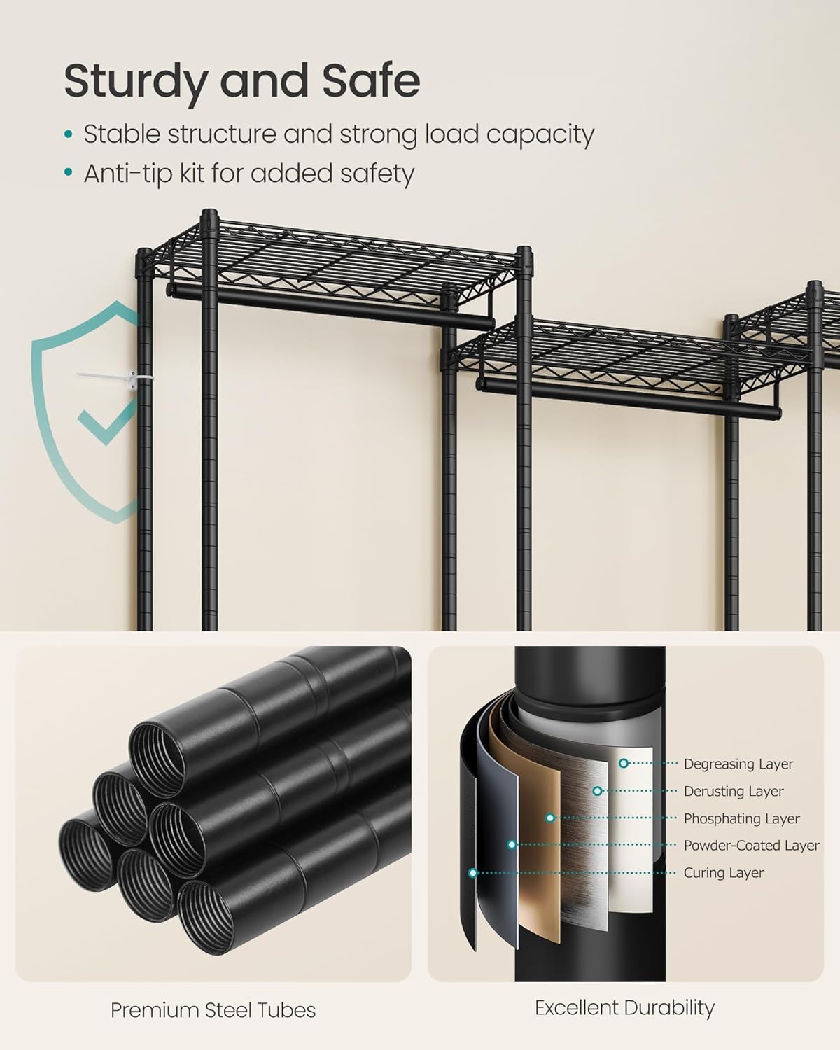 SONGMICS Heavy-Duty Clothes Rack, Garment Rack, Portable Closet, 68.7-Inch Wide Clothing Rack with Adjustable Mesh Shelves and Hanging Rails, Ink Black ULGR433B01