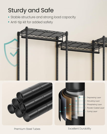 SONGMICS Heavy-Duty Clothes Rack, Garment Rack, Portable Closet, 68.7-Inch Wide Clothing Rack with Adjustable Mesh Shelves and Hanging Rails, Ink Black ULGR433B01