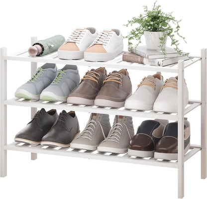 BMOSU 2-Tier Bamboo Small Shoe Rack Premium Stackable Shoe Shelf Storage Organizer for Hallway Closet Living Room Entryway Organizer (Black Bamboo)