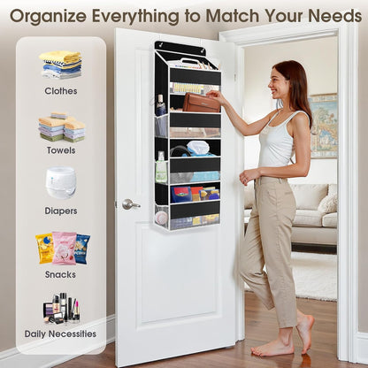 SpaceHacks 1 Pack Over The Door Organizer, Hanging Storage Organizer with Clear Window, 40lb Ultra Sturdy Large Capacity Room Organizer for Pantry Laundry Bathroom Nursery Closet Baby Essential (Grey)