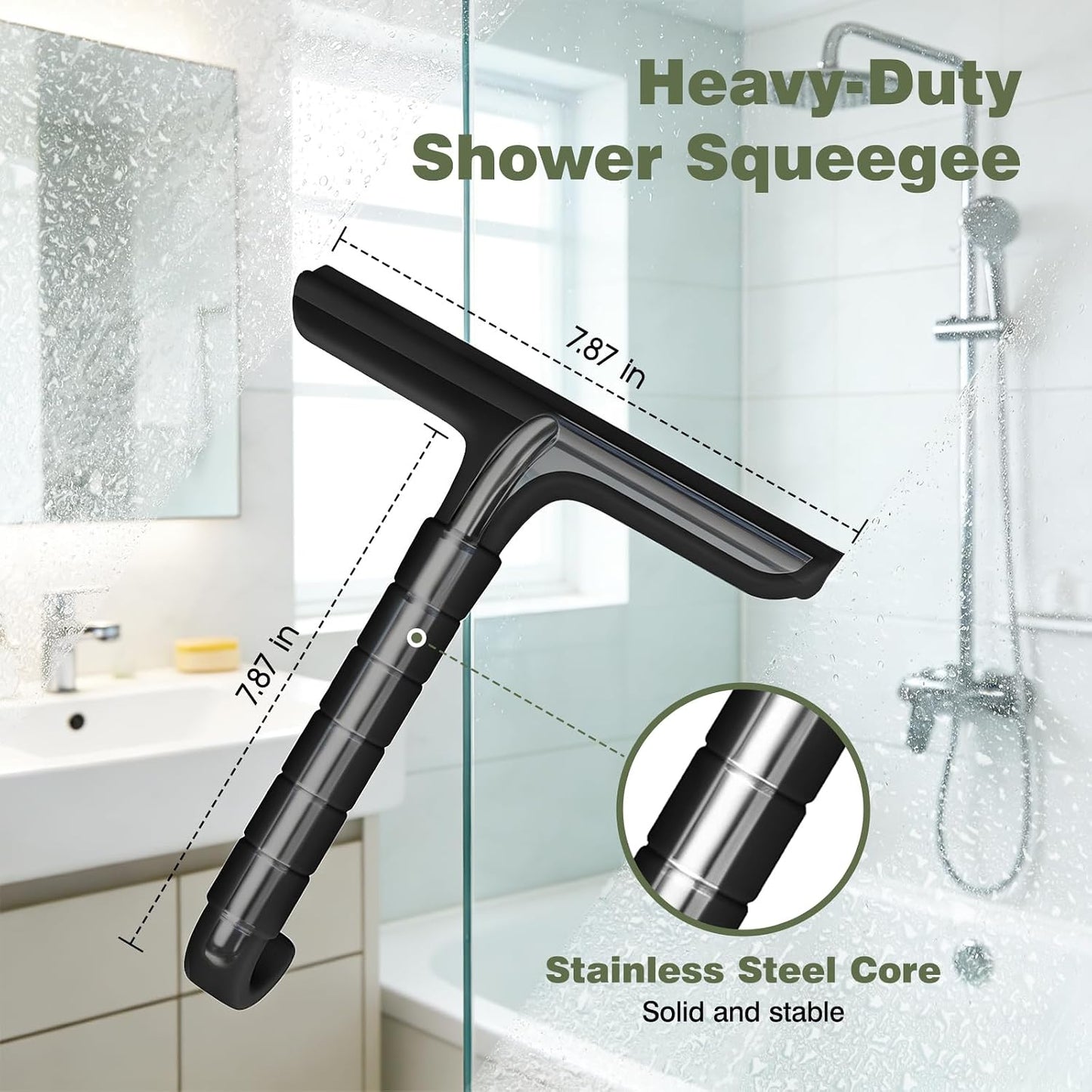 Roylvan Silicone Shower Squeegee, All-in-One Shower Squeegee for Glass Doors with Built-in Hook, Household Window Mirror Cleaner for Bathroom Glass Kitchen Tile Wall Car, Black