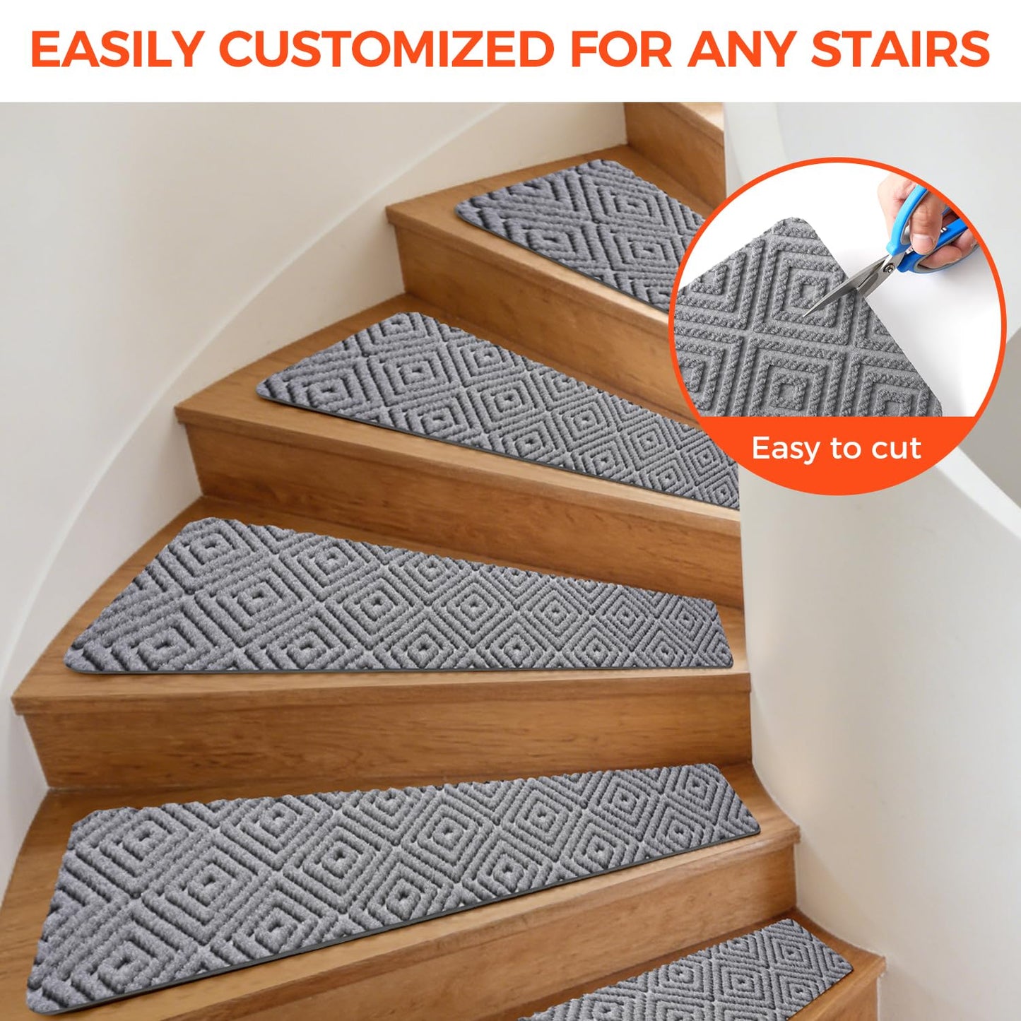 BAGAIL 15 Pack Non-Slip Stair Treads for Wooden Steps, 8"x30" Peel and Stick Carpet Stair Runners, Machine Washable Indoor Step Covers with No-Residue Adhesive for Dogs, Kids & Elderly - Bluish Grey