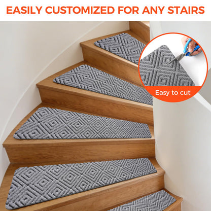 BAGAIL 15 Pack Non-Slip Stair Treads for Wooden Steps, 8"x30" Peel and Stick Carpet Stair Runners, Machine Washable Indoor Step Covers with No-Residue Adhesive for Dogs, Kids & Elderly - Bluish Grey