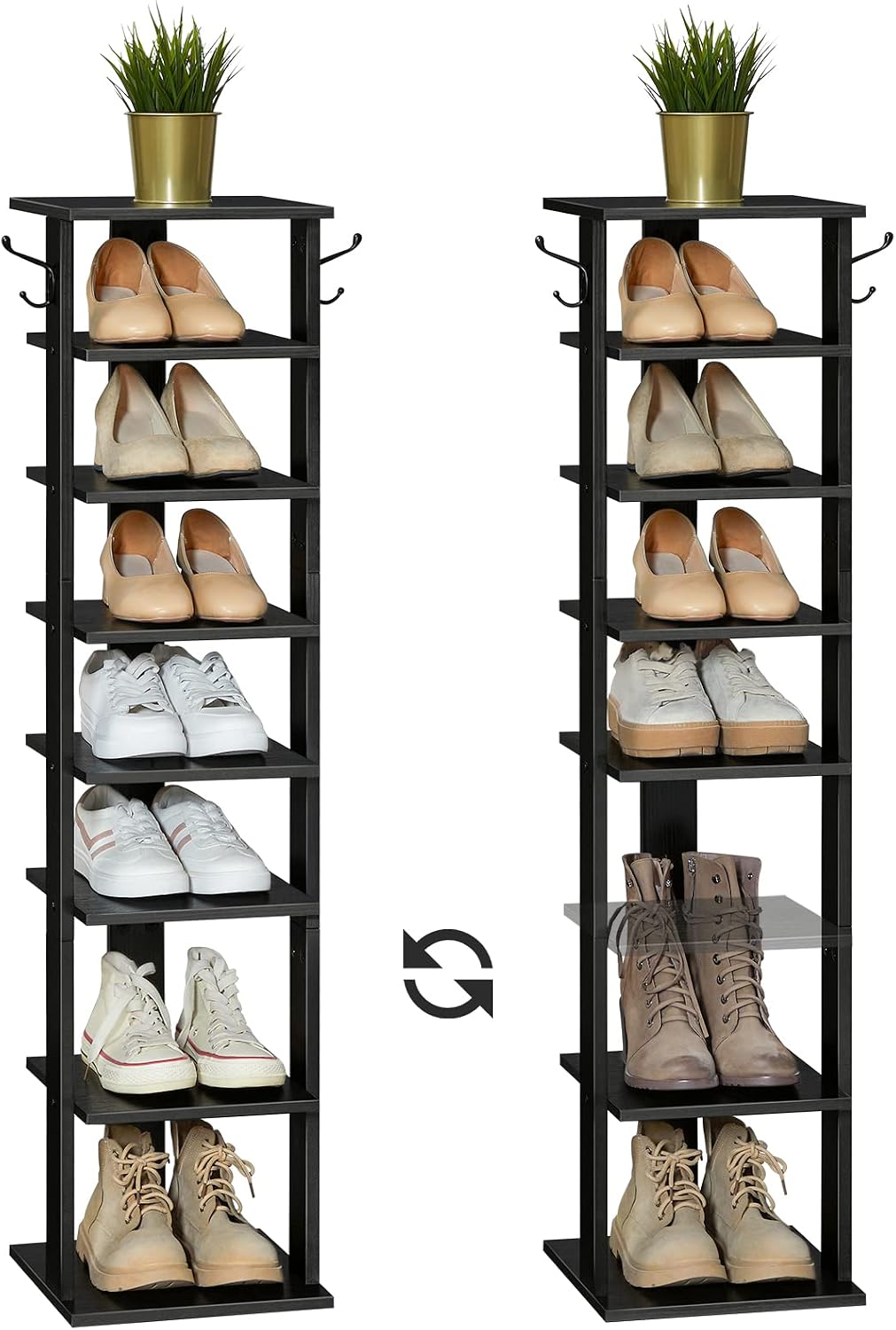 HOOBRO 8 Tiers Vertical Shoe Rack, Wooden Shoe Storage Organizer with Hooks, Narrow Shoe Tower for 8 Pairs, Space Saving, for Entryway, Living Room, Bedroom, Rustic Brown BF07XJ01G1
