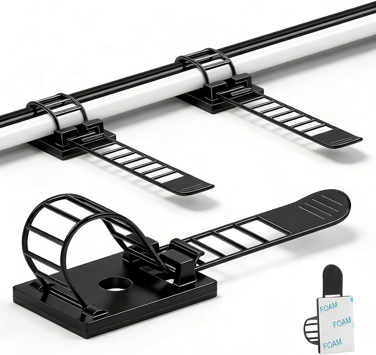 Adjustable adhesive cable management clips 50Pcs, large self adhesive cable ties clips ，Suitable for cable management under desks and on walls(Black)