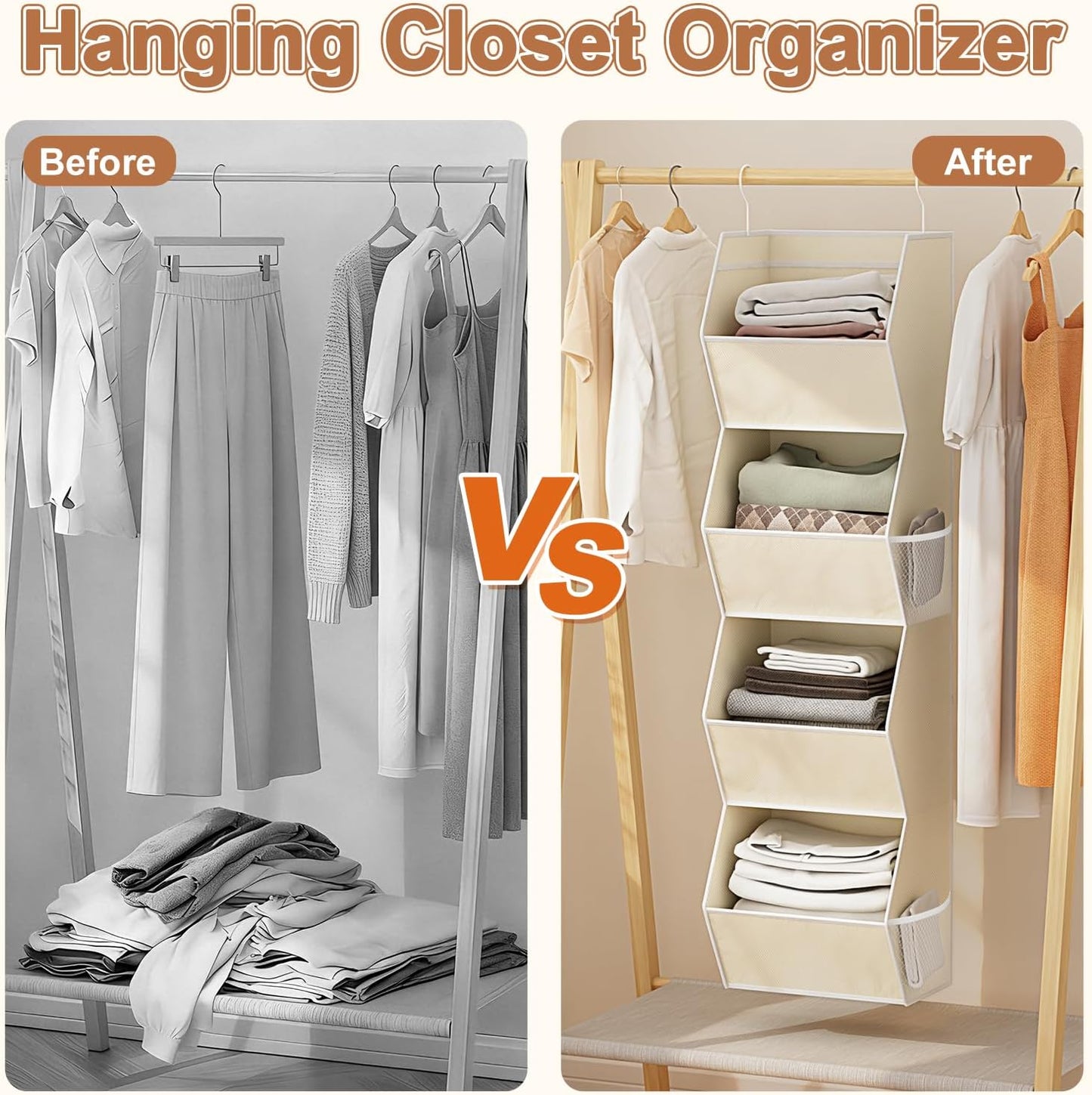 Hanging Closet Organizer 4 Shelf Collapsible Bedroom Closet Organizers and Storage Hanging with Mesh Pockets for Clothes, Fabric Hanging Storage Bins for Wardrobe Closet Organization and Storage, Grey