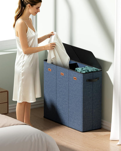 185L Laundry Hamper 3 Section with Lid & Removable Bags | Collapsible laundry basket organizer for laundry room, bedroom & dorm with 3 removable washing bags