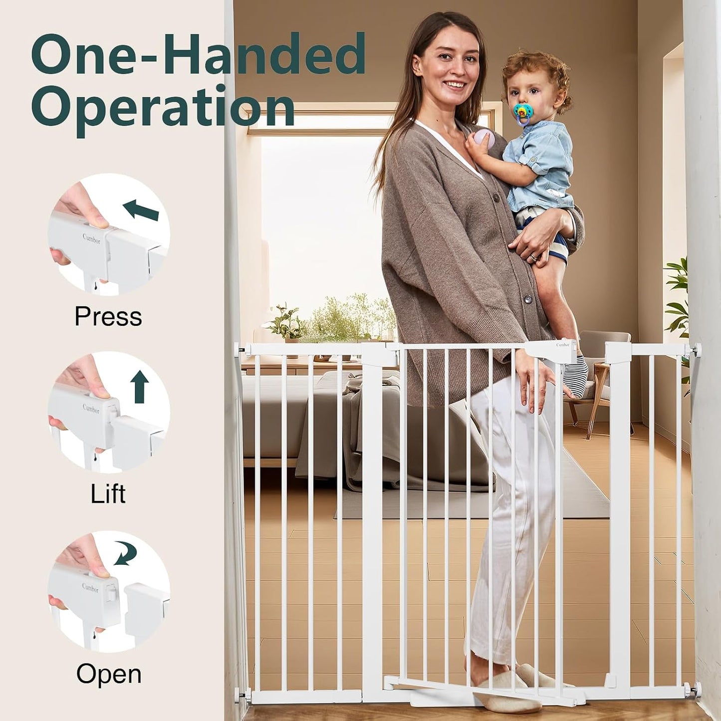 Cumbor 29.7-48" Baby Gate for Stairs, Mom's Choice Awards Winner-Dog Gate for Doorways, Auto Close Safety Pet Gate for Dogs Indoor, Easy Install Pressure Mounted Child Gate with Walk Thru Door, Brown