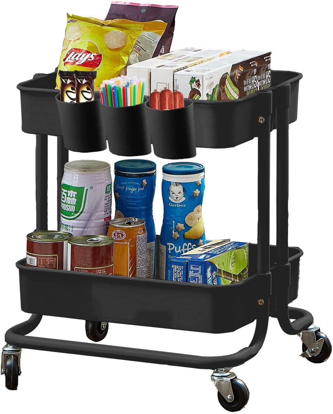 2-Tier Utility Rolling Cart Storage Sofa Side Table with Wheels, Mobile Trolley Organizer with for Office Home Kitchen Organization, Cream White